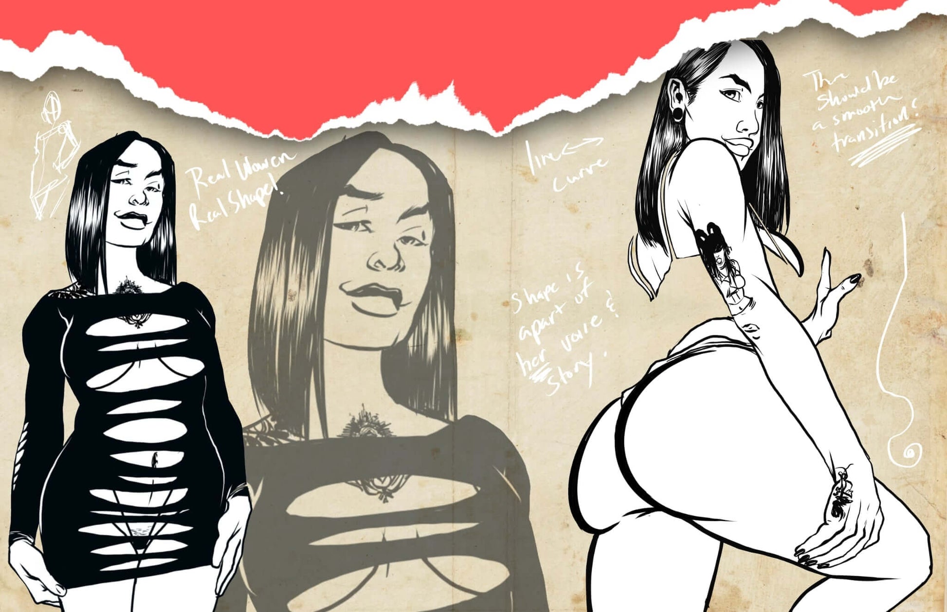 Artistic sketches celebrating the feminine form and diverse curves from 'Learning the Curve' art book.