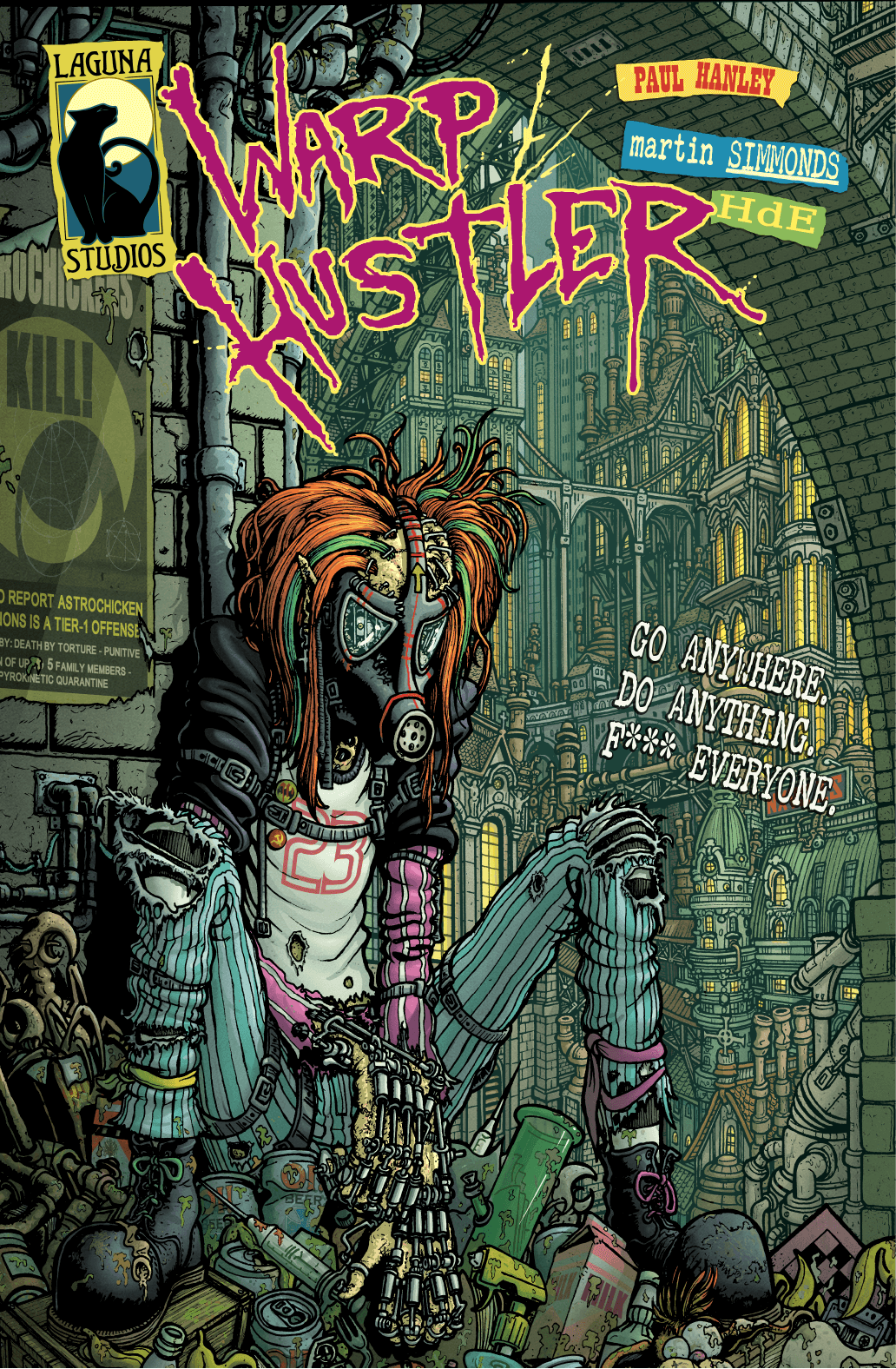Warp Hustler comic cover featuring vibrant art and a rebellious character in a chaotic urban setting, showcasing its edginess.
