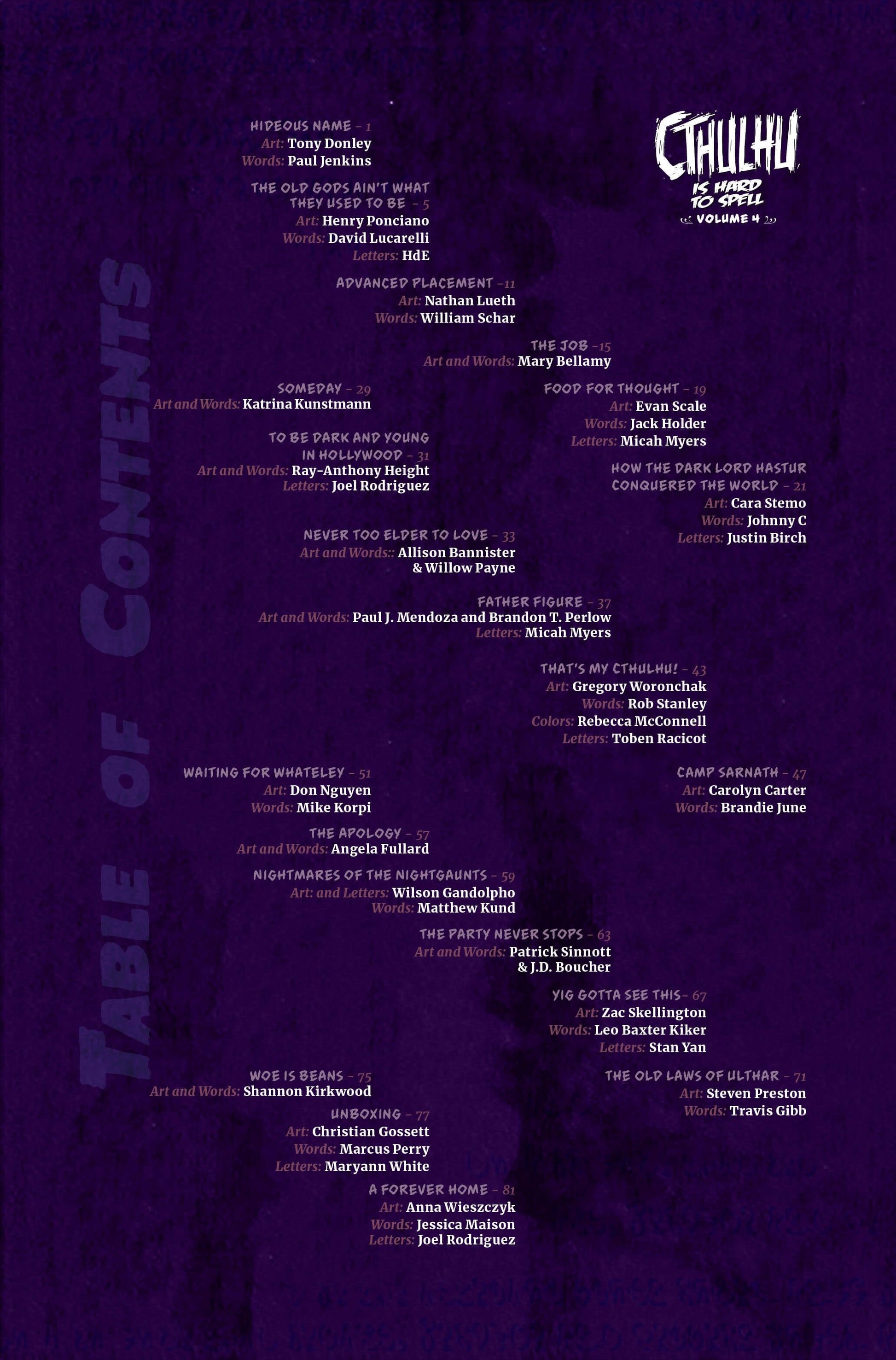Table of contents for Cthulhu is Hard to Spell Volume 4, showcasing diverse Lovecraftian and whimsical stories.