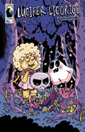 Cover of Lucifer Licorice comic showing colorful characters in a whimsical forest full of candy elements.