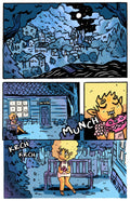 Lucifer Licorice comic panel with a girl munching on candy in a spooky landscape.