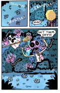 Lucifer Licorice comic panel featuring a character chased by cute, chaotic creatures in a colorful landscape.