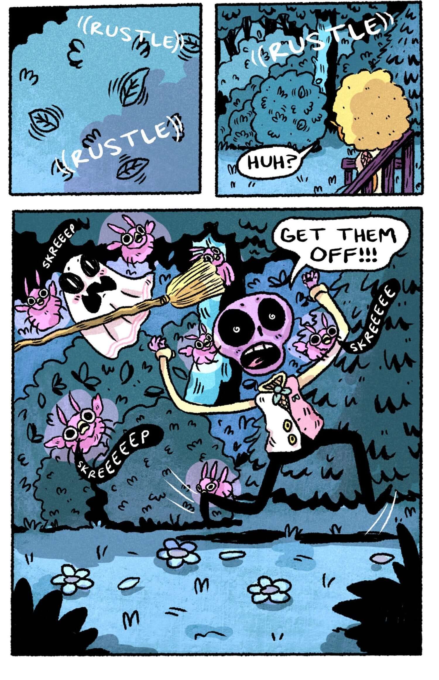 Lucifer Licorice comic panel featuring a character chased by cute, chaotic creatures in a colorful landscape.