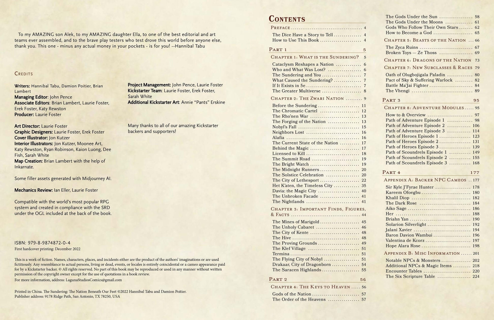 Contents page of The Sundering TTRPG Digital Edition, featuring chapters and contributors, showcasing its rich detail.