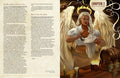An illustration from The Sundering TTRPG showing a character with angelic wings and a warm smile in a tavern setting.