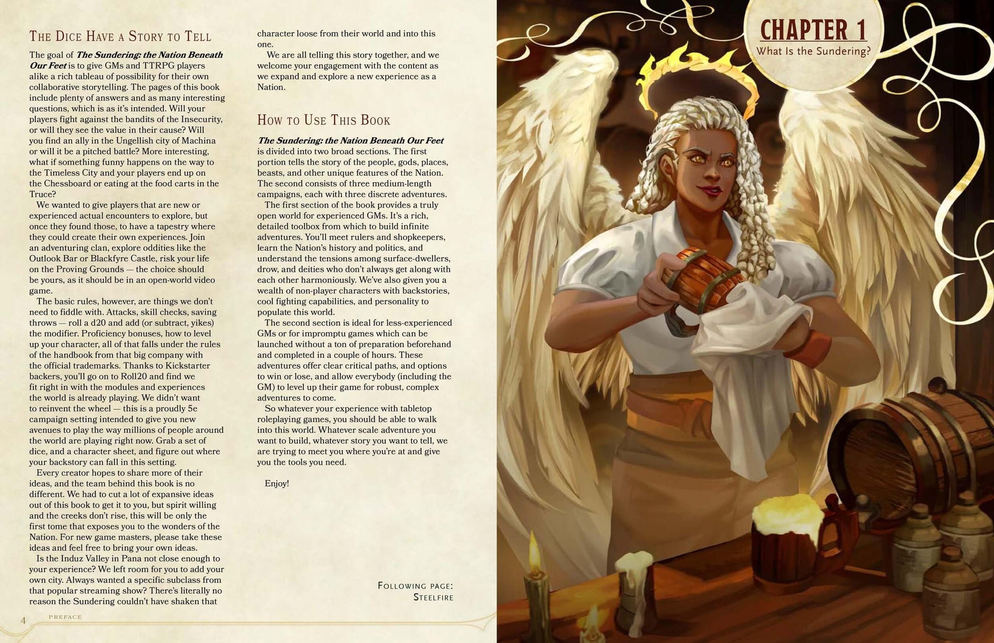 An illustration from The Sundering TTRPG showing a character with angelic wings and a warm smile in a tavern setting.
