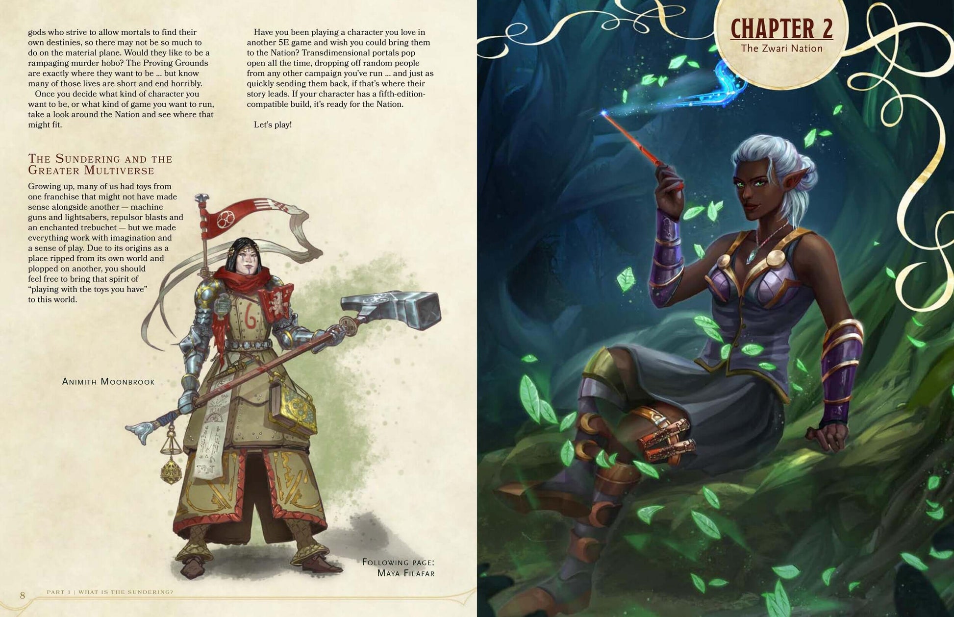 Art from The Sundering TTRPG Digital Edition showcasing diverse characters and rich fantasy elements.
