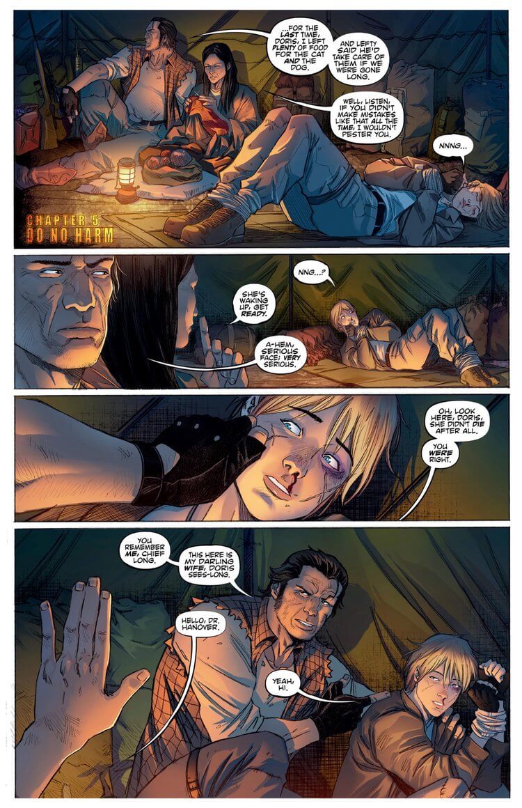 Comic panel from The Surgeon Chapter 5 depicting tense interactions in a camp setting.