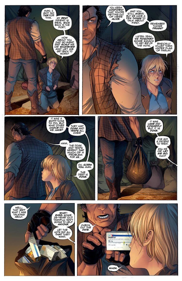 Comic panel showing intense dialogue between a rugged character and a distressed figure in a camp setting.
