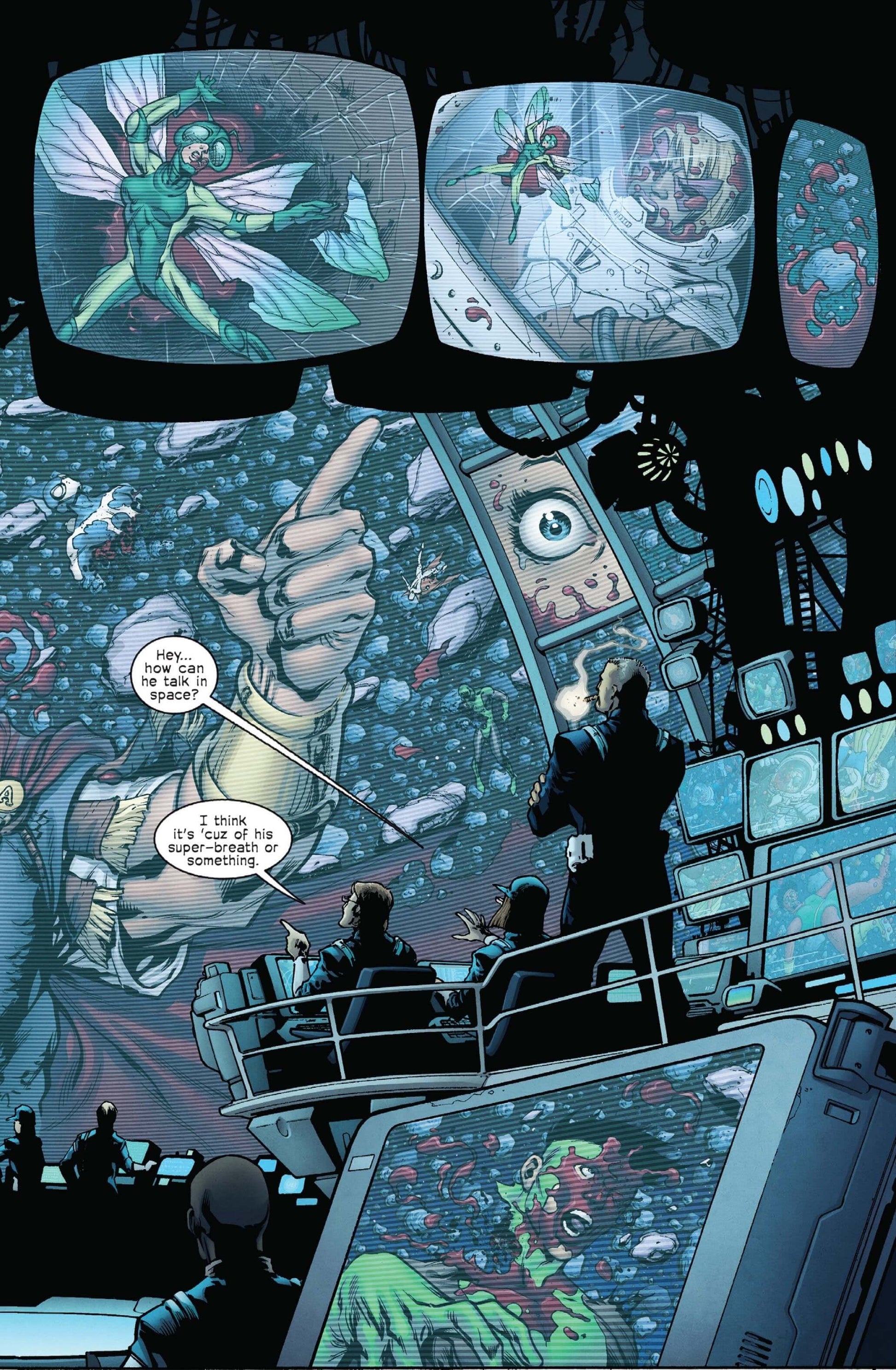 Scene from The Unthinkables with superheroes on screens and a team strategizing for a battle.