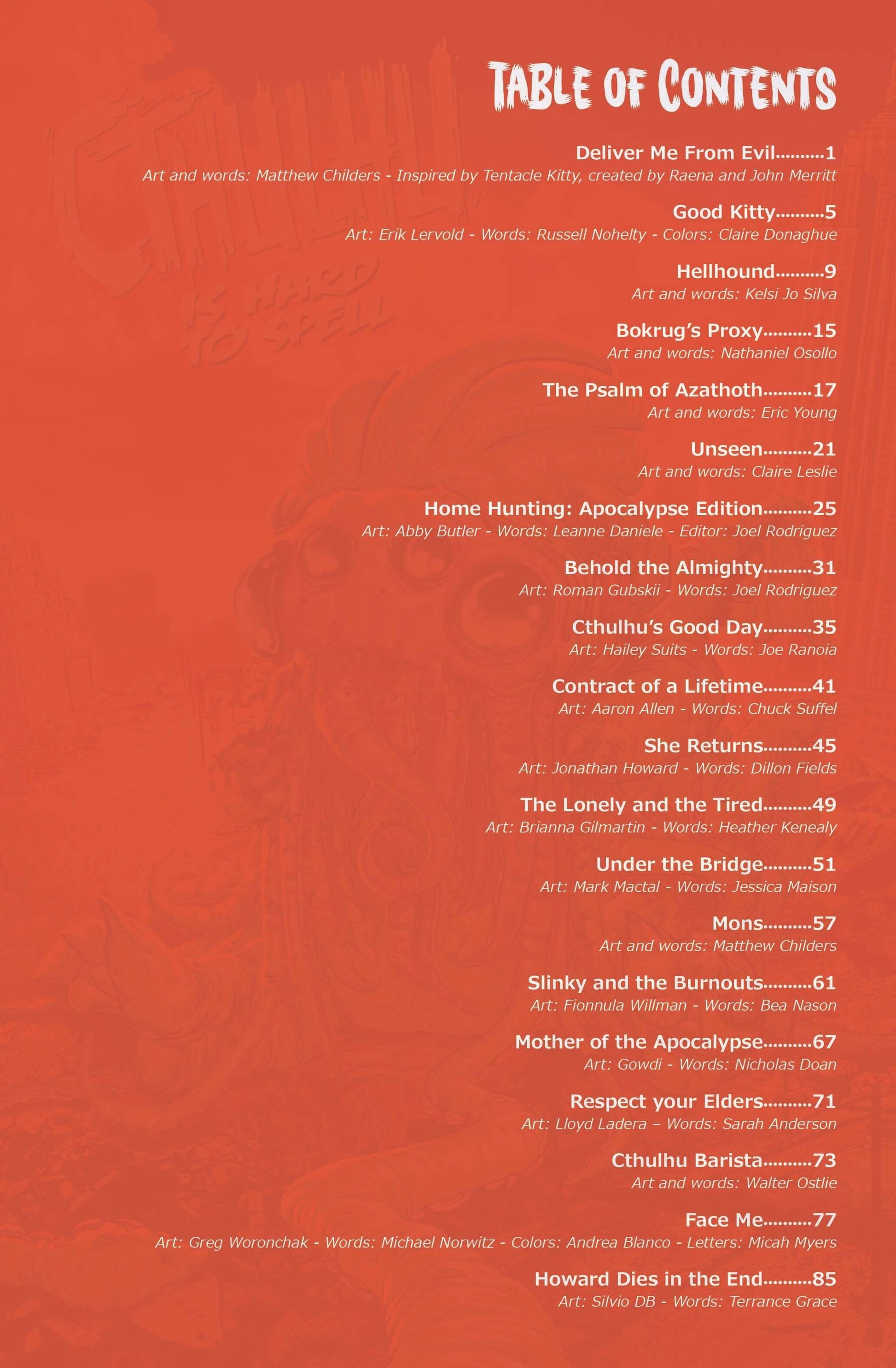 Table of contents from 'Cthulhu is Hard to Spell Volume 3', showcasing diverse stories and illustrations.