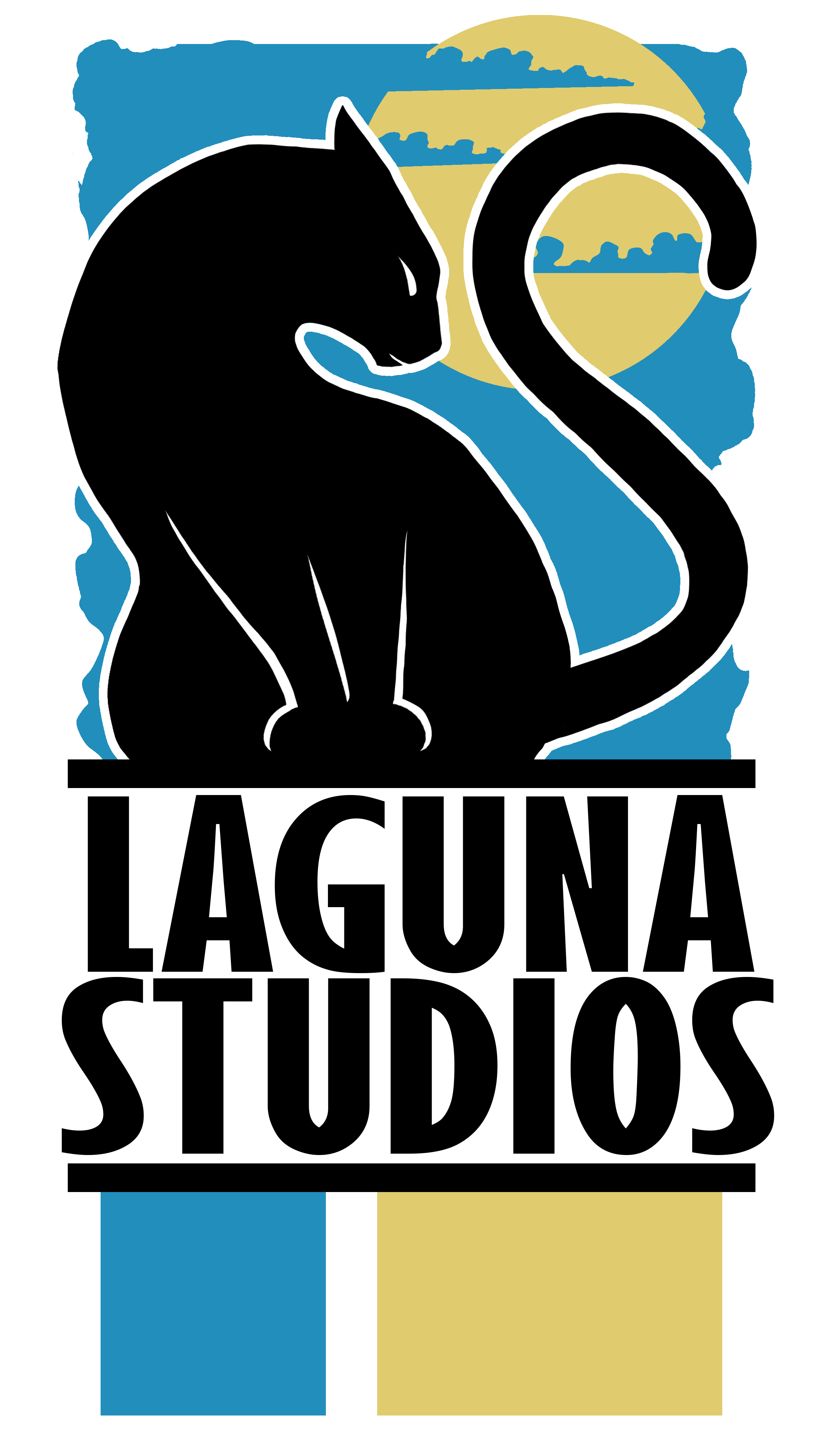 Logo of Laguna Studios featuring a black cat silhouette and a sun backdrop, vibrant colors.