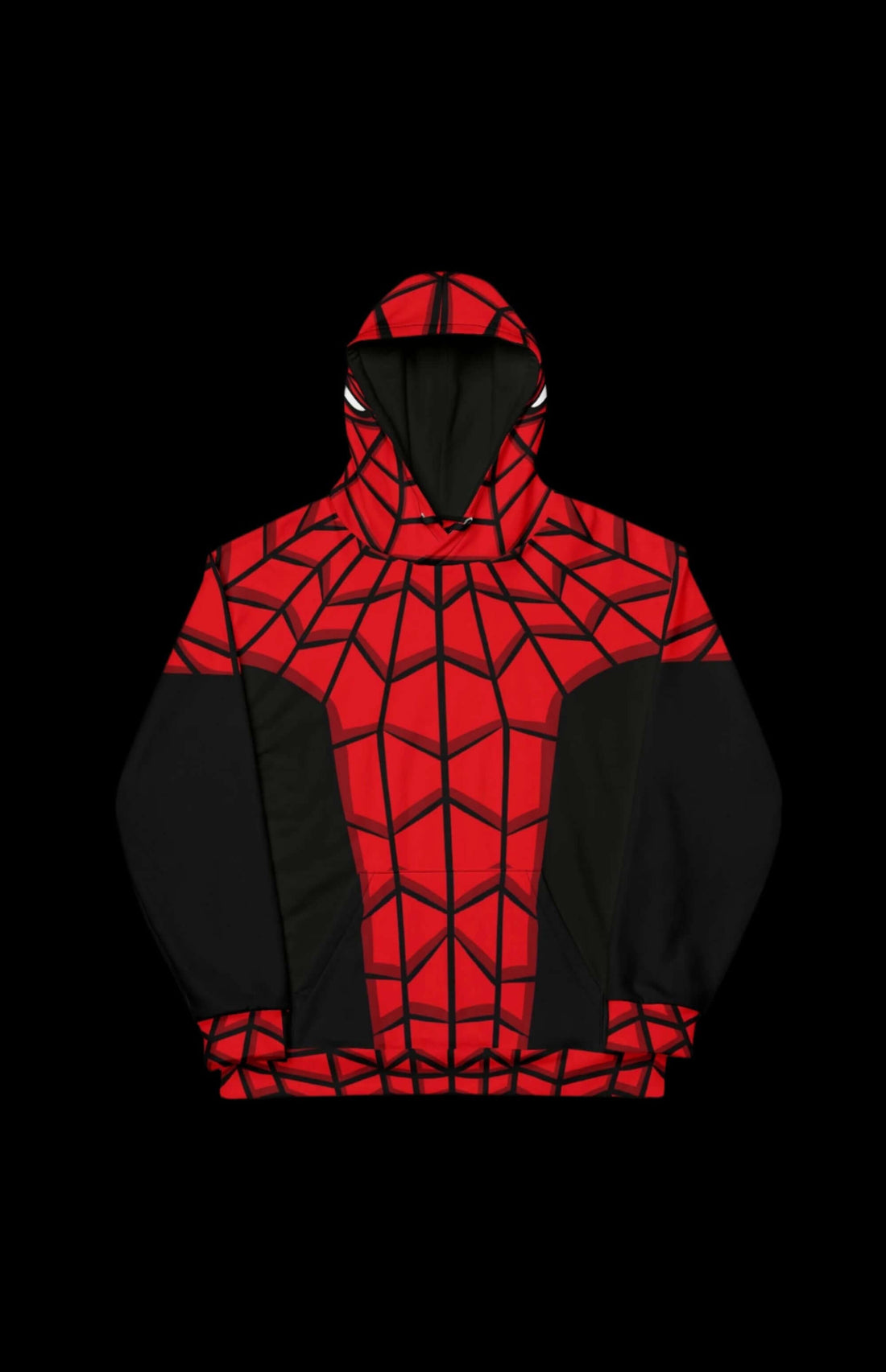 Arachnid Guy Pullover Hoodie in red and blue, featuring a comic-inspired design with spider web patterns.