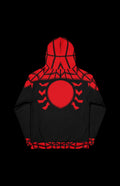 Back view of the Arachnid Guy Pullover Hoodie with red spider design and black background, perfect for comic fans.