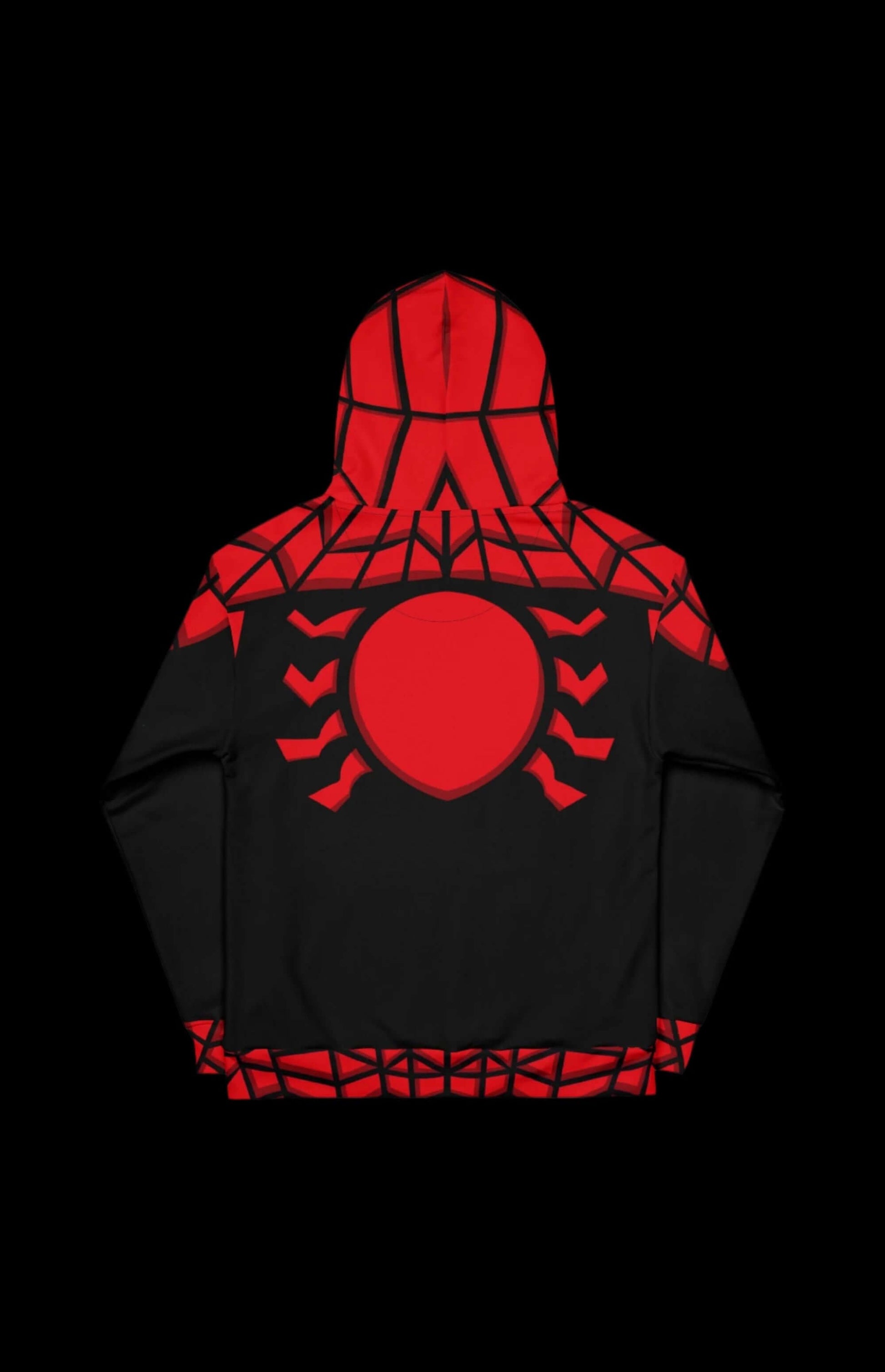Back view of the Arachnid Guy Pullover Hoodie with red spider design and black background, perfect for comic fans.