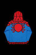 Back view of the Arachnid Guy Pullover Hoodie featuring red and blue superhero design with spider motif.