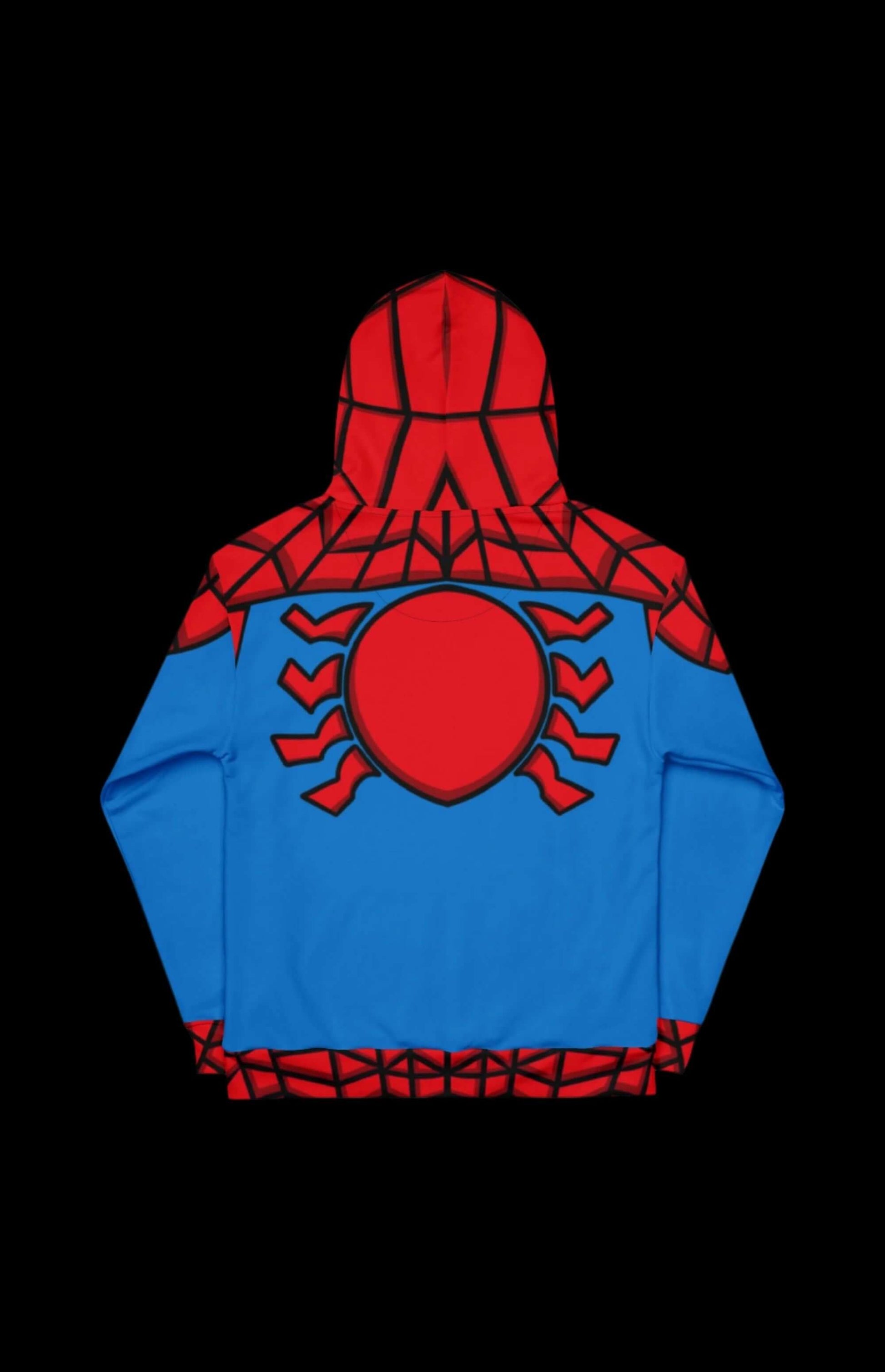 Back view of the Arachnid Guy Pullover Hoodie featuring red and blue superhero design with spider motif.