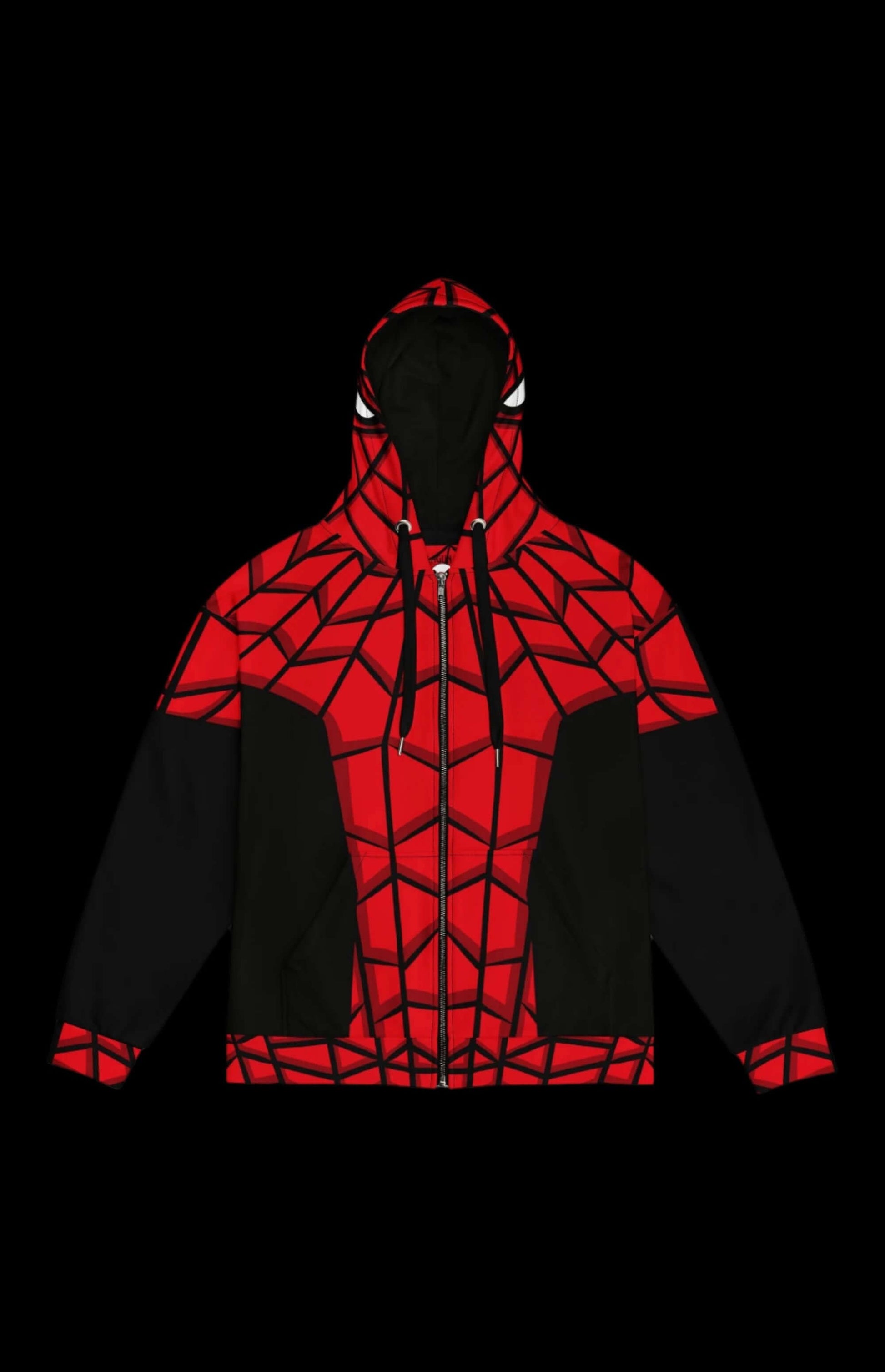 Arachnid Guy Zip-up Hoodie featuring a red and black spider web design, perfect for comic book fans.