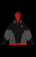 Badger Zip-up Hoodie in black and gray with red accents, featuring a comic-book-inspired design and cozy fabric.