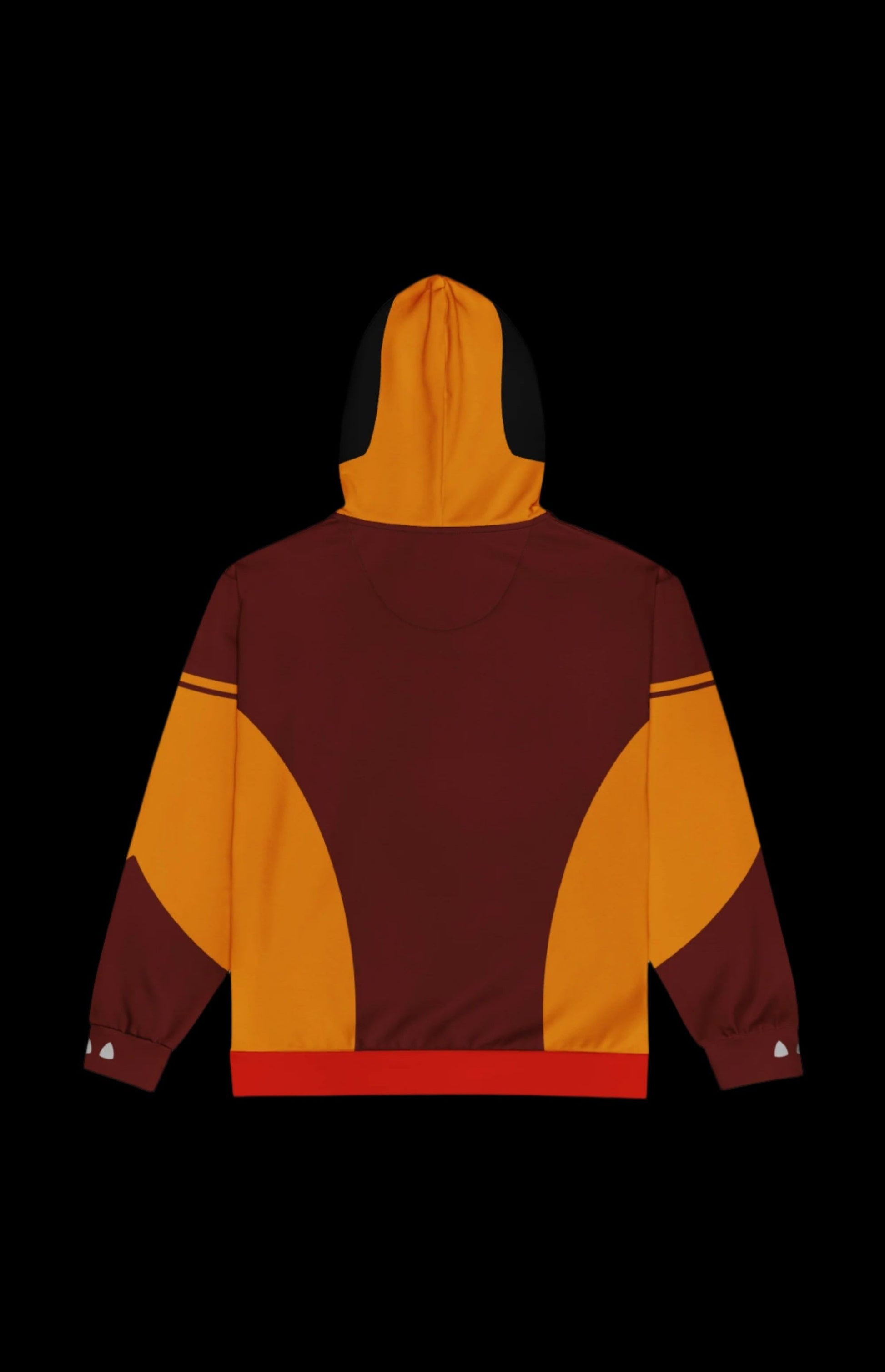 Back view of a brown and orange unisex zip-up hoodie, featuring a stylish design with a cozy fit.