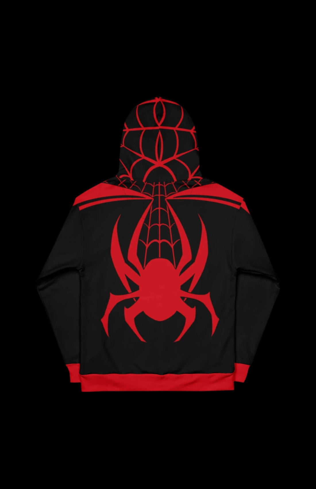 Kilometer Morales Pullover Hoodie showcasing bold red and black spiderweb design for retro comic style fans.