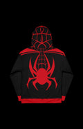 Back view of Kilometer Morales Pullover Hoodie featuring a bold red spider graphic on a black background.