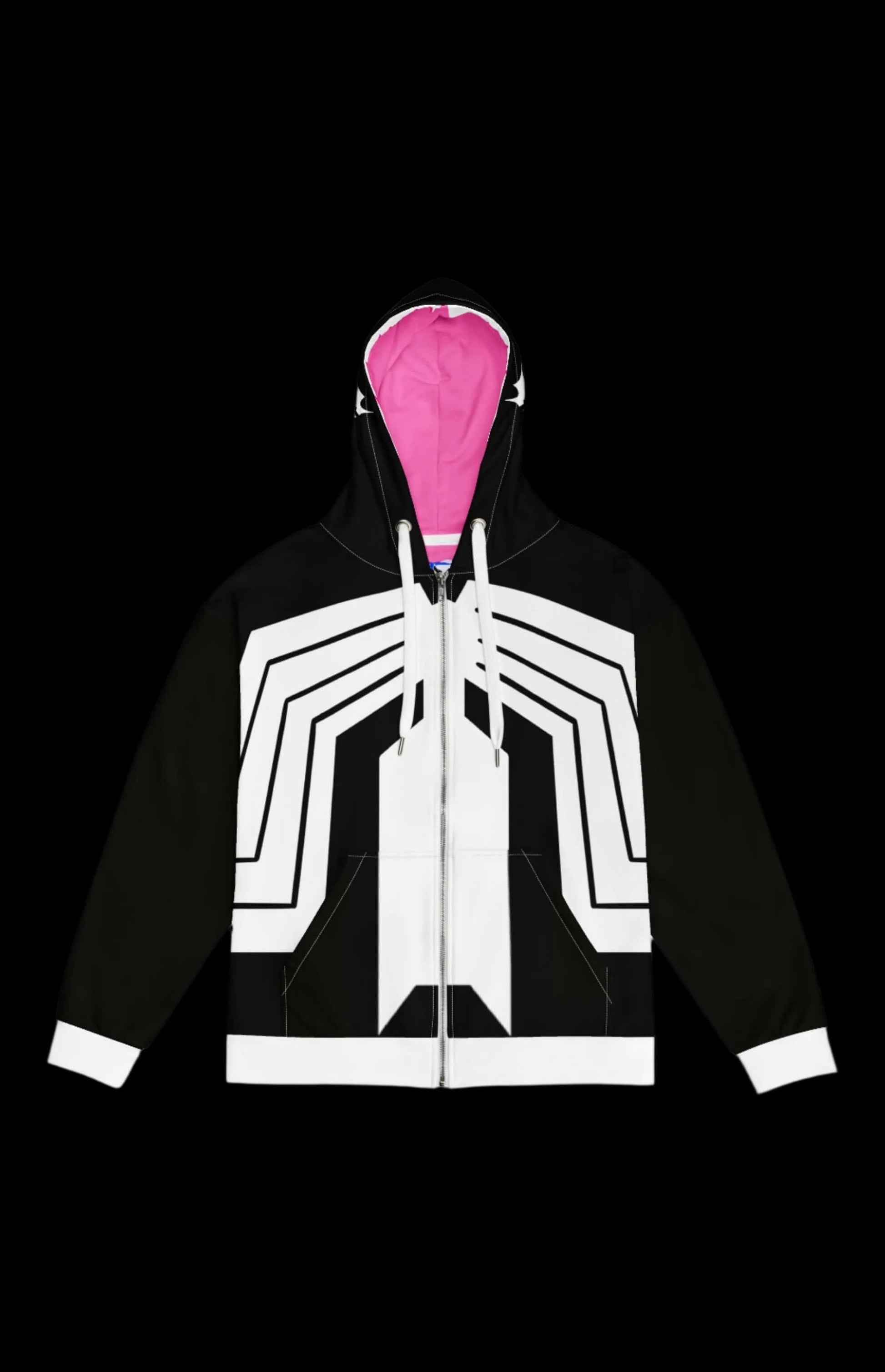 Oily Alien Guy Zip-up Hoodie in black and white with a vibrant pink interior, perfect for retro monster fans.