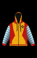 Colorful zip-up hoodie in red and yellow with blue sleeves, featuring a stylish and unique design, perfect for casual wear.