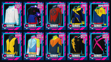 Season 97 X-Series zip-up hoodies and track jackets shown as trading cards from the Enter the Lagunaverse campaign