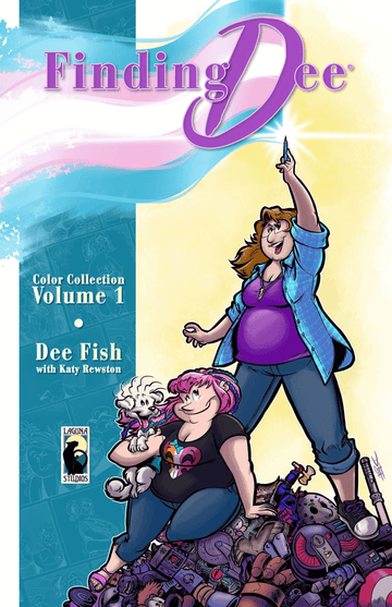 Cover of 'Finding Dee' Volume 1 featuring characters Dee Fish and a dog amidst whimsical illustrations.