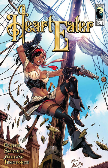 A dynamic comic cover of 'Heart Eater' featuring a fierce pirate woman in action, surrounded by a nautical backdrop.