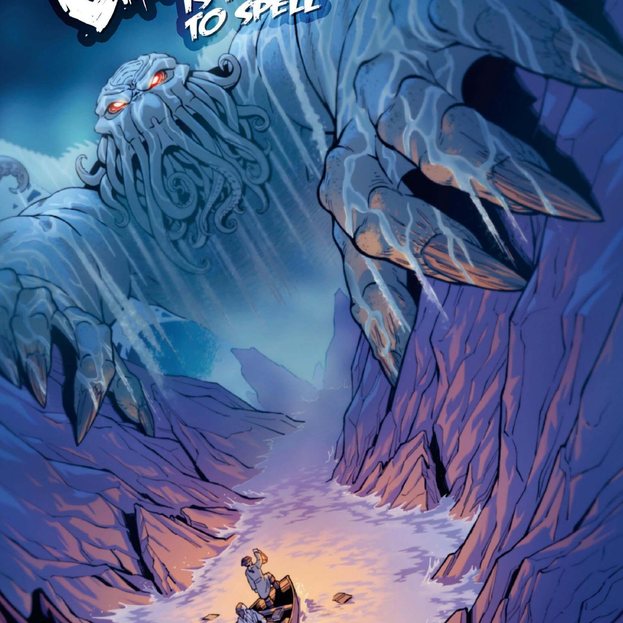 Cthulhu emerges from the depths as a sailor navigates a rocky river in this captivating comic cover.