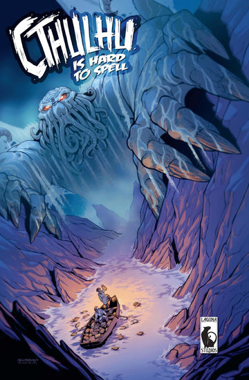Cthulhu emerges from the depths as a sailor navigates a rocky river in this captivating comic cover.