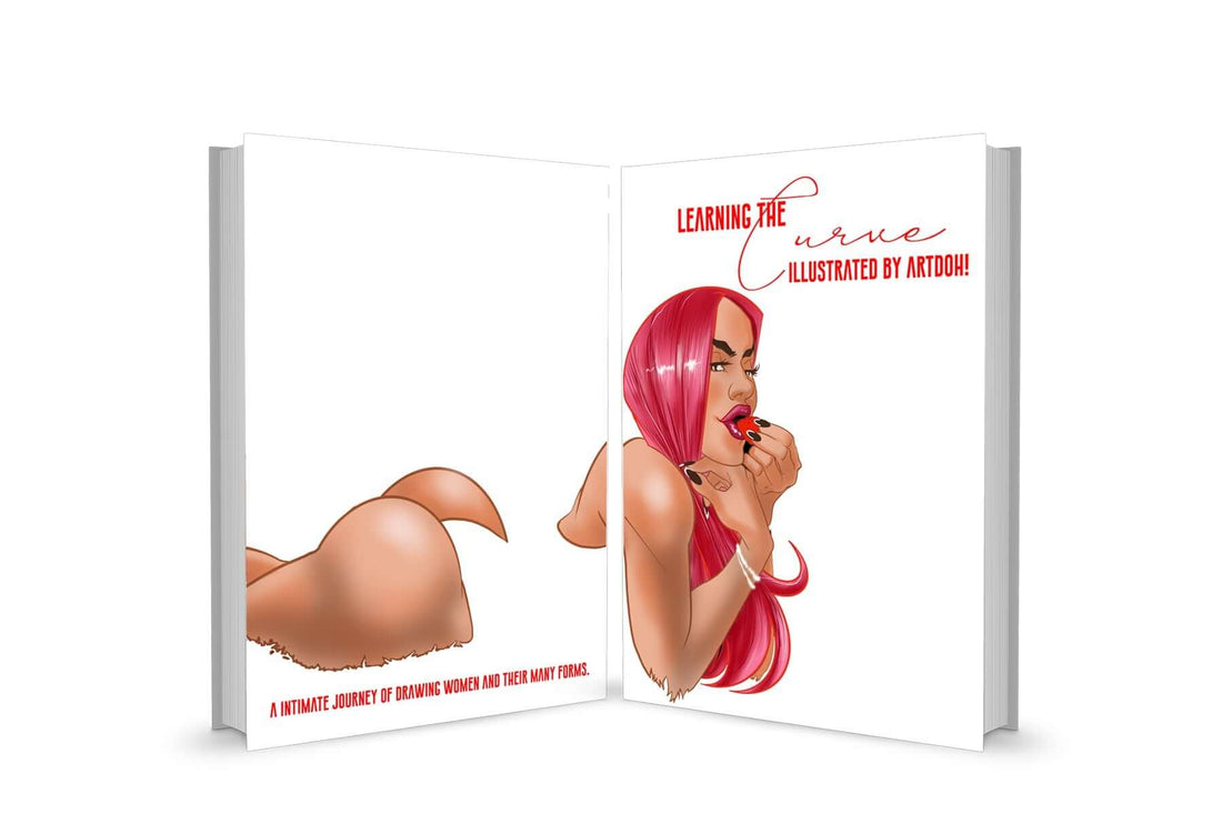 Cover of 'Learning the Curve' art book featuring a woman with red hair and bold makeup, celebrating feminine beauty.