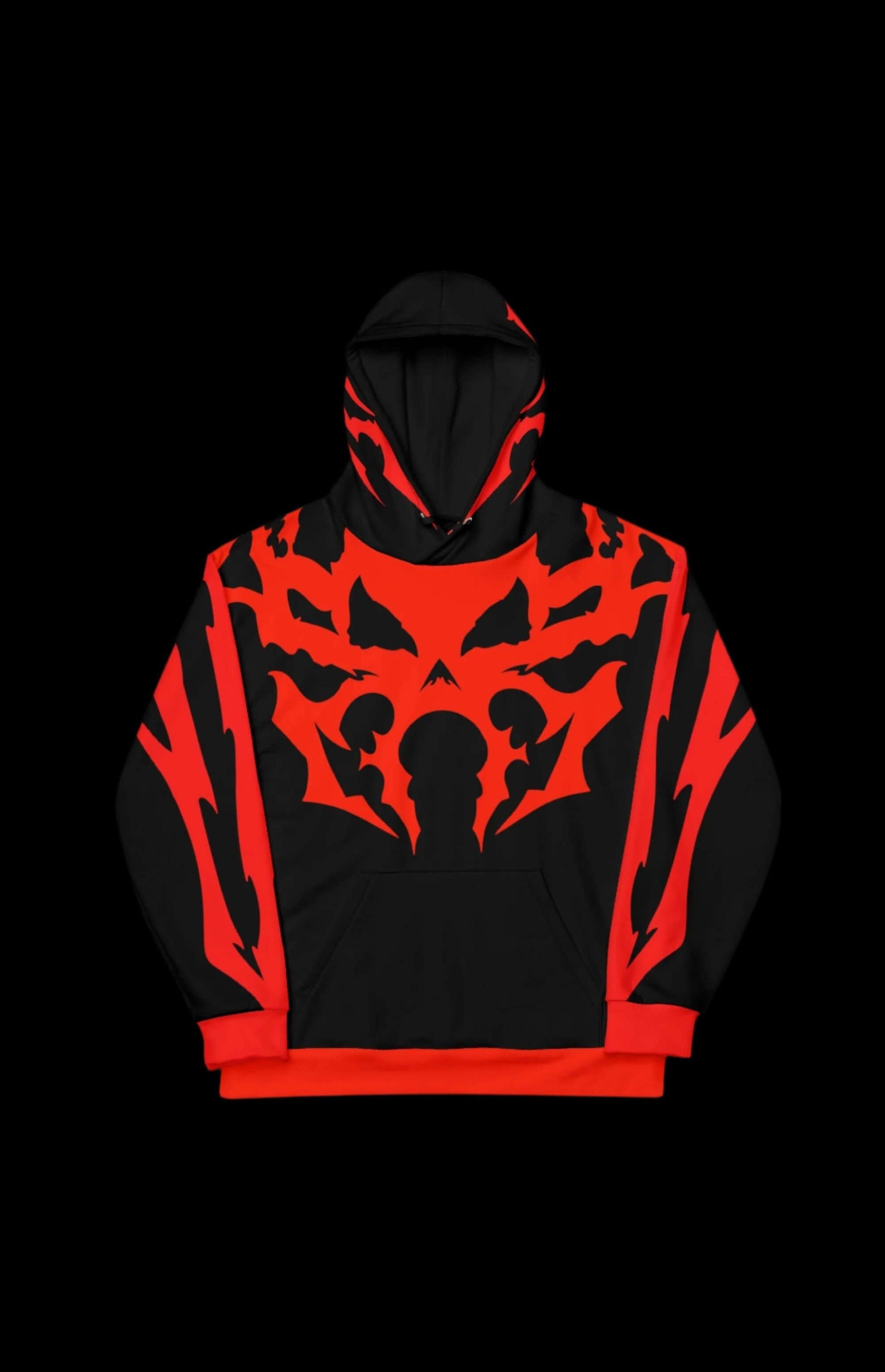 1999 Pullover Hoodie in black and red with striking abstract design, perfect for retro-futuristic style lovers.