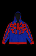 1999 Zip-up Hoodie in vibrant blue and red with fierce graphic design, perfect for retro-futurist style enthusiasts.