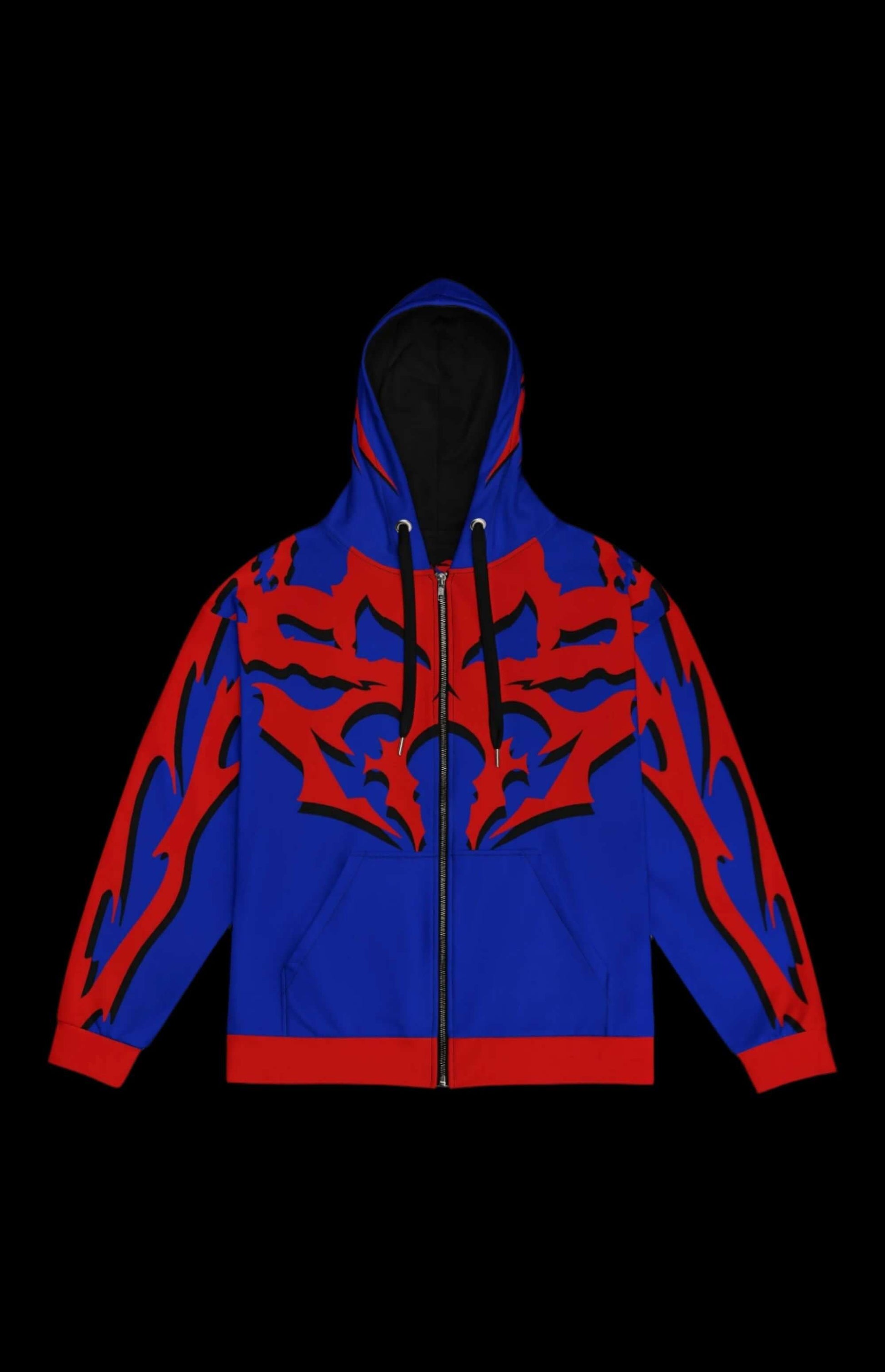 1999 Zip-up Hoodie in vibrant blue and red with fierce graphic design, perfect for retro-futurist style enthusiasts.
