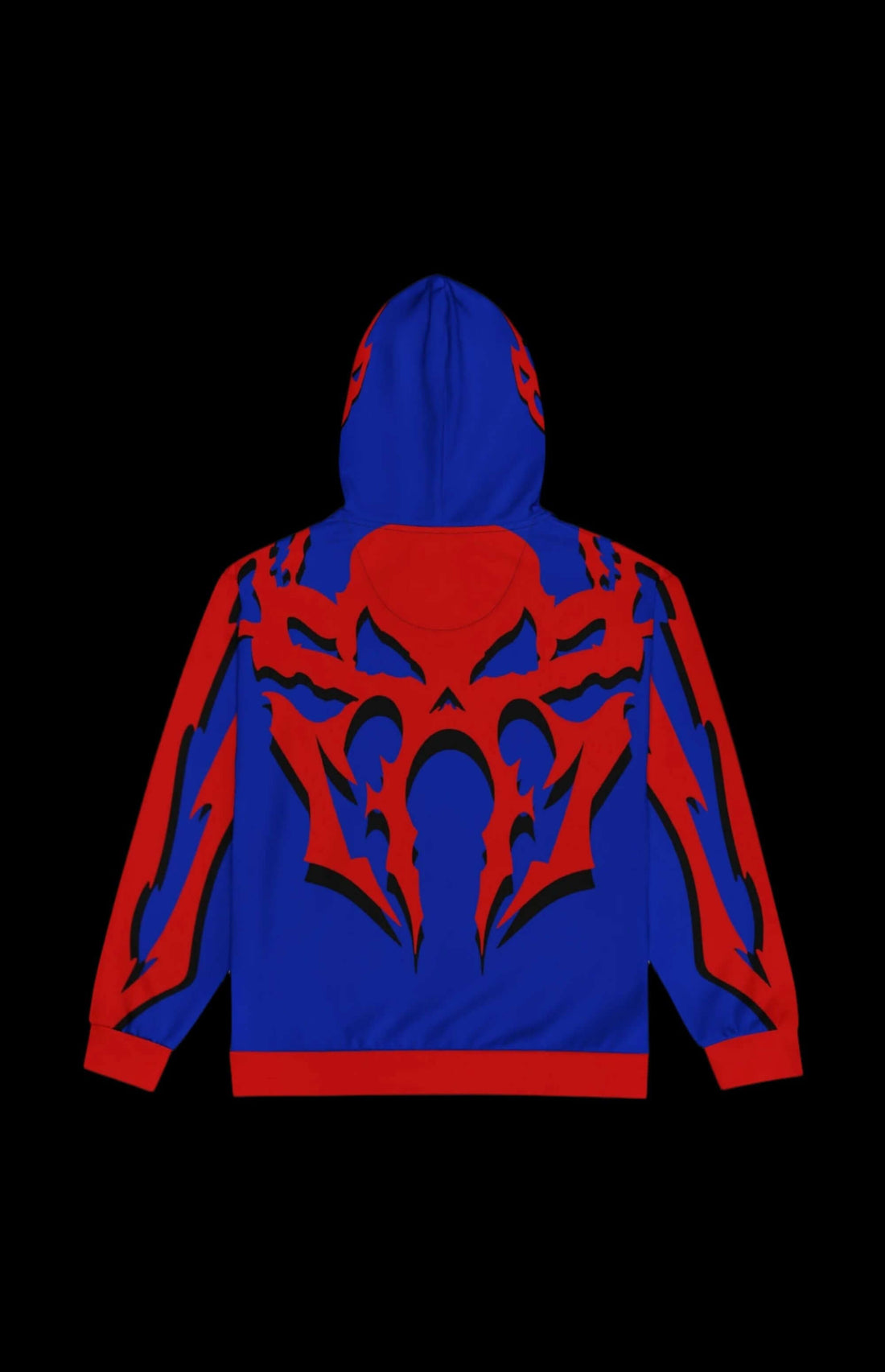 1999 Zip-up Hoodie in vibrant blue and red with fierce graphic design, perfect for retro-futurist style enthusiasts.