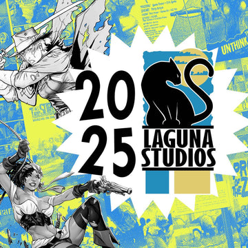 Illustration featuring characters and logo of Laguna Studios, celebrating 2025 with dynamic designs and vibrant colors.