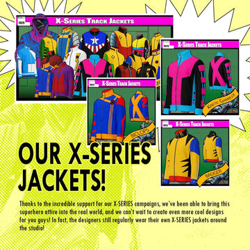 Colorful X-Series track jackets displayed in vibrant designs, showcasing superhero-inspired styles for all.  