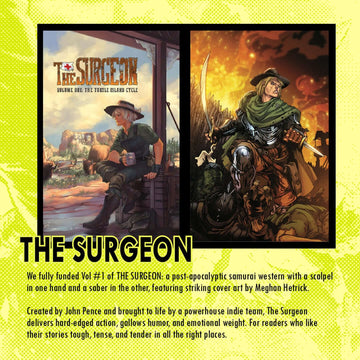 Cover art of 'The Surgeon' comic showcasing a post-apocalyptic samurai with a scalpel and saber, by Meghan Hetrick.