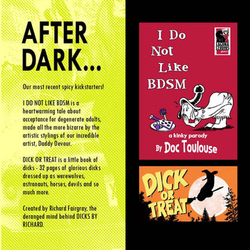 Cover of 'I Do Not Like BDSM' and 'Dick or Treat' by Doc Toulouse and Richard Fairgray, featuring quirky illustrations.