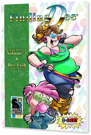 Cover art for 'Finding Dee', Volume 3, featuring colorful characters Dee Fish and baby Rewston in a vibrant design.