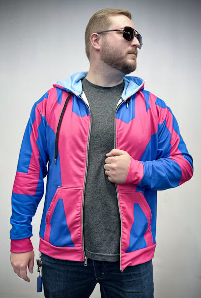 Metal Bird Zip-up Hoodie in vibrant blue and pink colors, showcasing a modern design and comfortable fit.