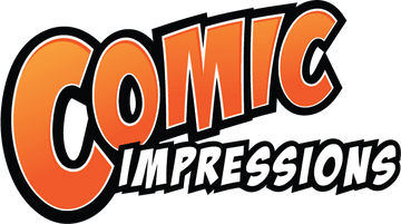 Logo for Comic Impressions featuring bold orange and black typography, signifying fun and creativity in comics.