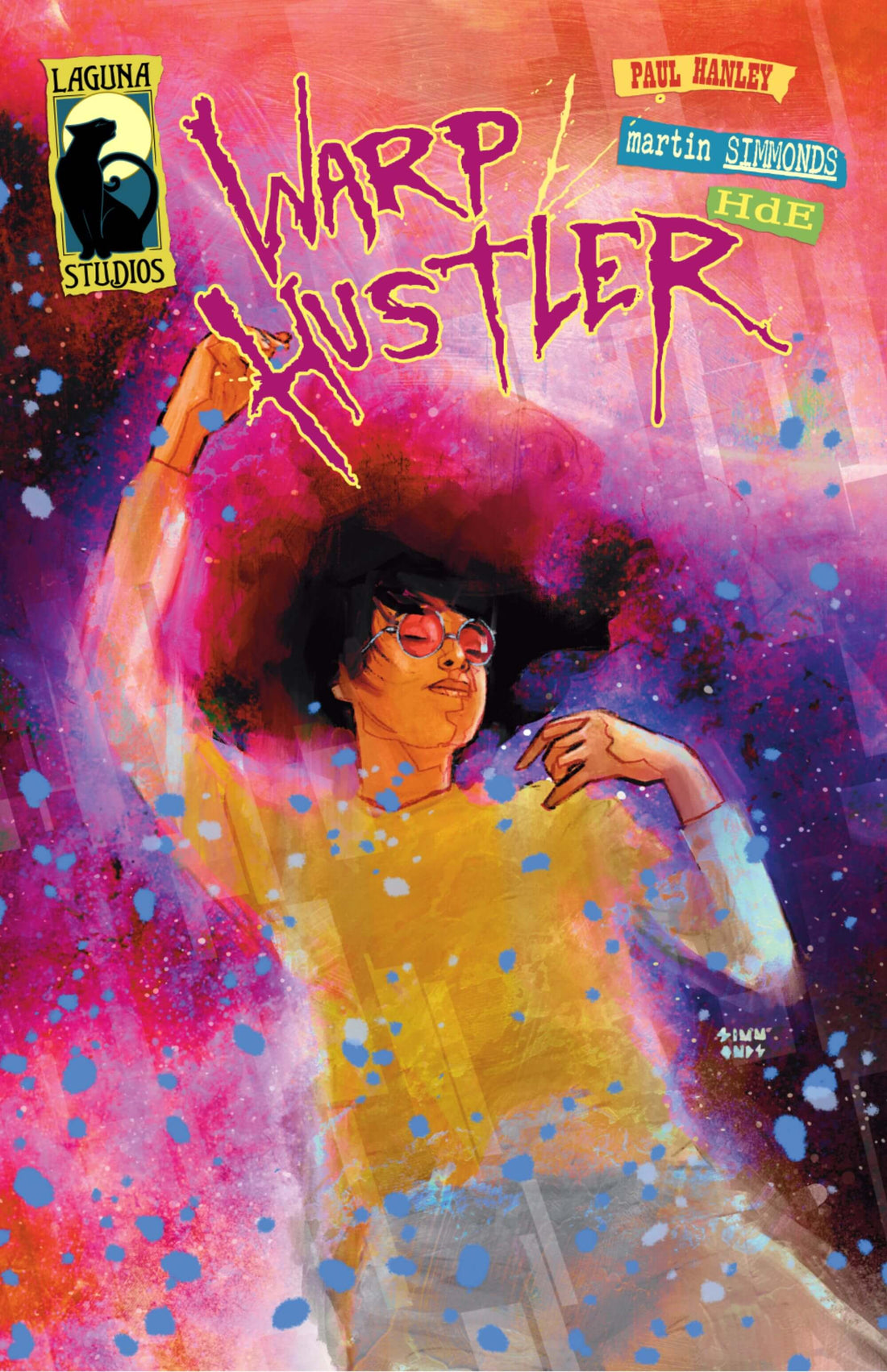 Colorful comic cover of Warp Hustler featuring a stylish character in a psychedelic design.