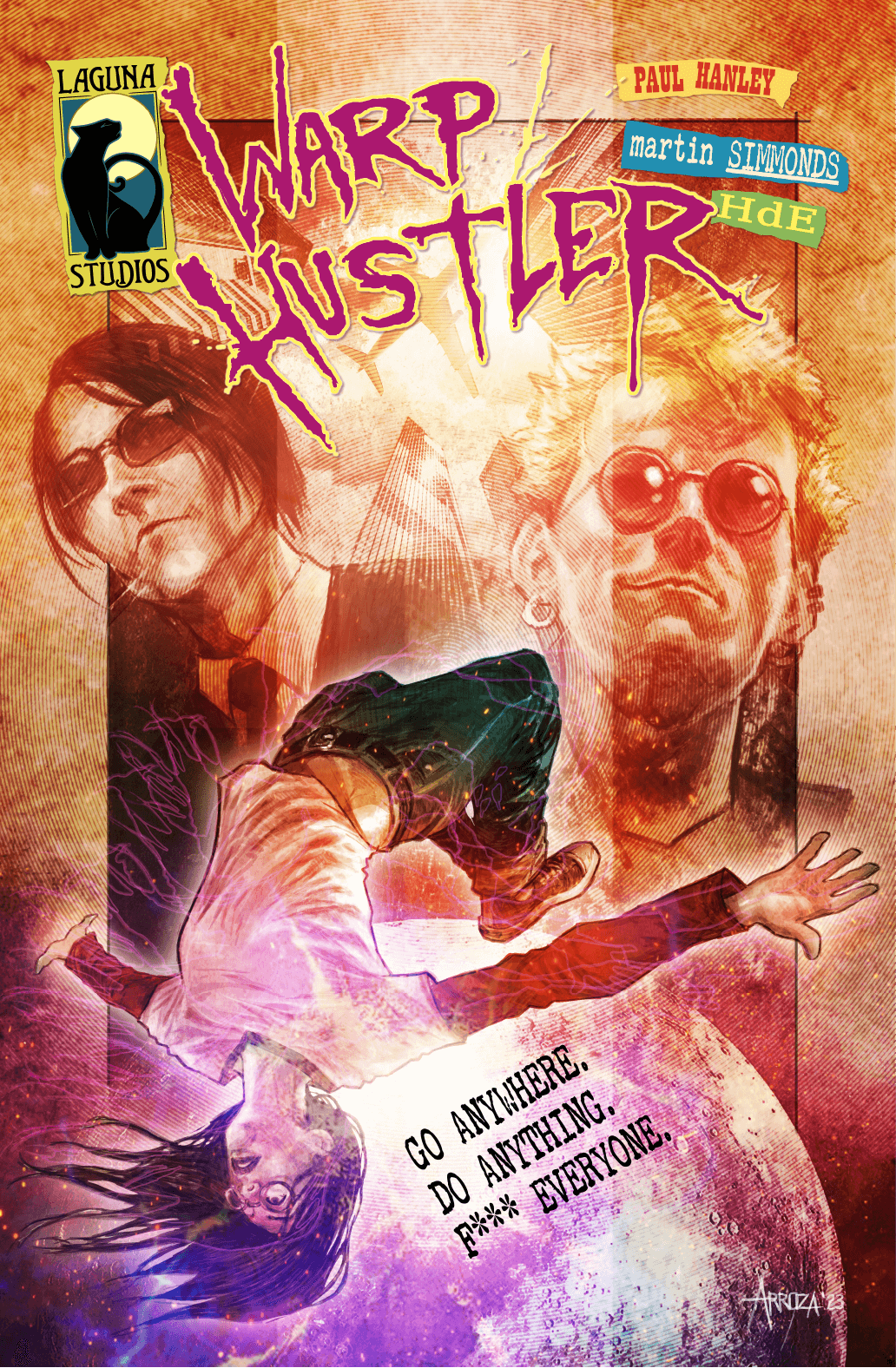 Colorful comic cover of Warp Hustler featuring a stylish character in a psychedelic design.