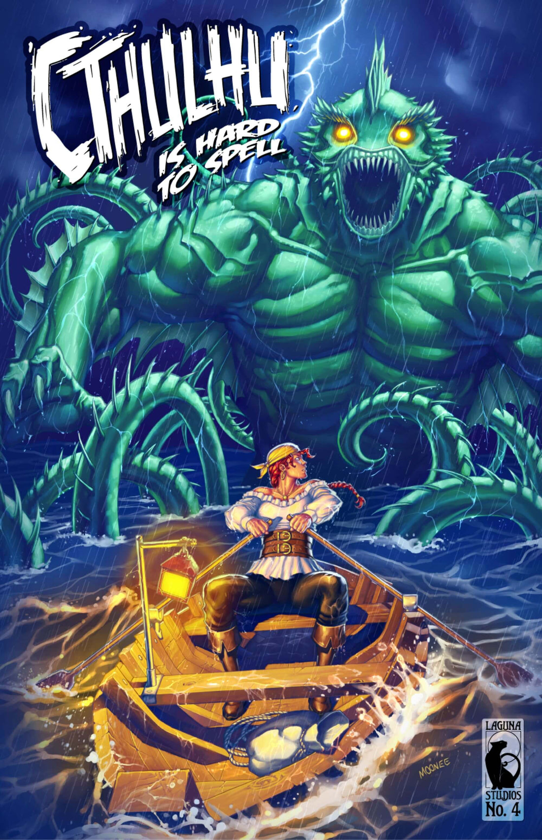 Cover of Cthulhu is Hard to Spell Volume 4 featuring a hero in a boat facing a monstrous sea creature.