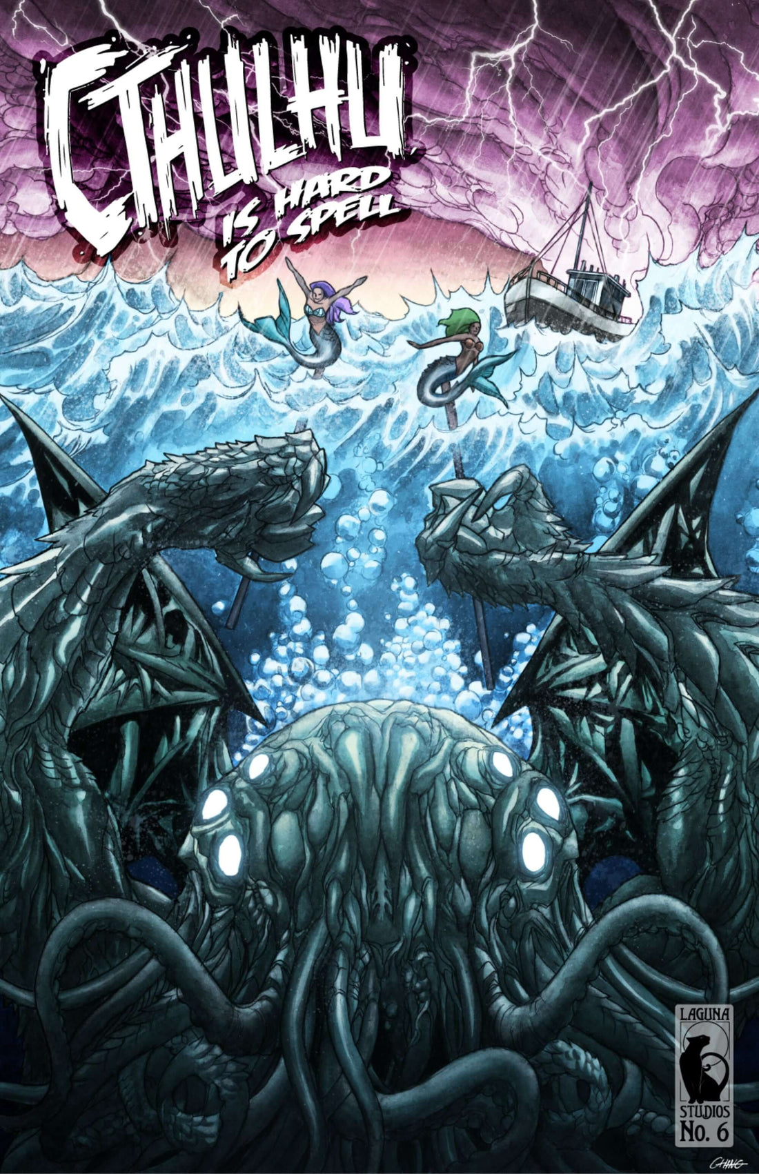 Cover of Cthulhu is Hard to Spell Volume 6 featuring mythical creatures and ocean chaos.