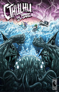 Cover of Cthulhu is Hard to Spell Volume 6 featuring mythical creatures and ocean chaos.
